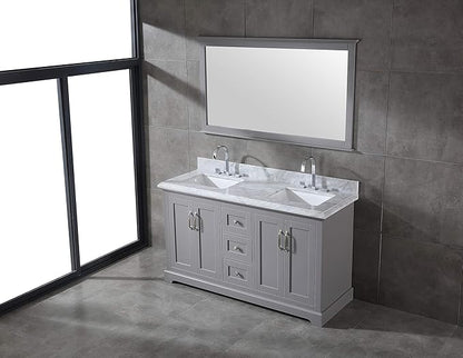 Mareo 60" Solid Wood Double Sink Bathroom Vanity | Marble Countertop & Backsplash | Soft Closing Doors & Drawers | Nickel Brushed Handles | Grey Cabinet & Undermount Ceramic Sink Top | Pre-Assembled