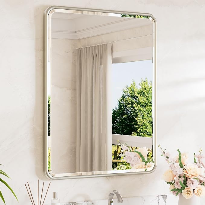 Brushed Nickel Framed Vanity Mirror 24 x 32 Beveled Edge Tempered Glass, Rounded Corner Rectangle Bathroom Mirror for Over Sink for Modern Bathroom, Living Room, Bedroom, Entryway