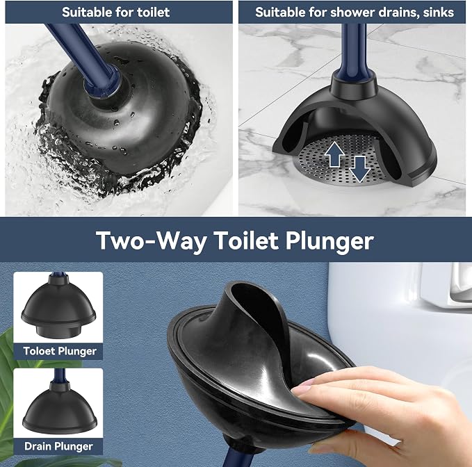 TRENTI Toilet Plunger with Holder, Plunger with Holder for 5.3-inch Toilet Drain, Plungers for Bathroom with Holder, Toilet Plunger Heavy Duty (2, Blue)