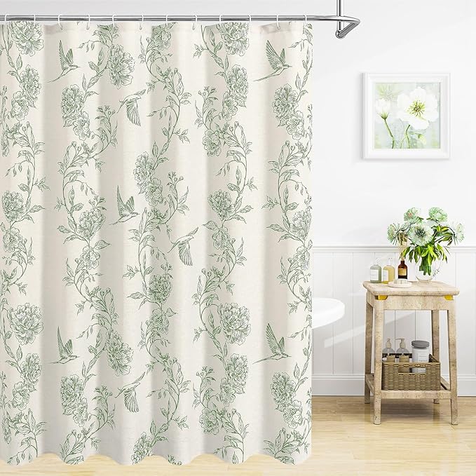 MitoVilla Sage Green Farmhouse Shower Curtain Set, Cotton Floral Hummingbird Cottagecore Spring Shower Curtains for Bathroom, Modern Country Bathroom Décor, 72" W x 72" L