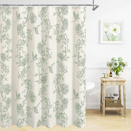 MitoVilla Sage Green Farmhouse Shower Curtain Set, Cotton Floral Hummingbird Cottagecore Spring Shower Curtains for Bathroom, Modern Country Bathroom Décor, 72" W x 72" L