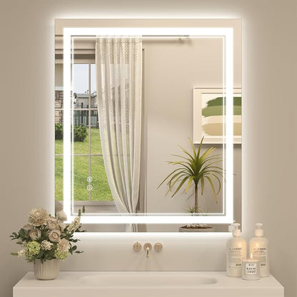 OKPAL 28x32 Lighted Bathroom Mirror, Anti-Fog LED Bathroom Mirror, Bathroom Mirror with Lights, Dimmable Lighted Vanity Mirror, Shatterproof, ETL Listed, Horizontal/Vertical