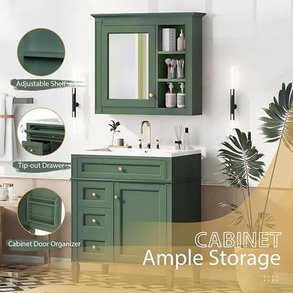 Merax 30 Inch Bathroom Vanity with Sink Set, Modern Bathroom Vanity Storage Cabinet with Matching Mirror Medicine Cabinet, Solid Wood Frame，Painted Finish, 2 Drawers and 1 Tip-Out Drawer, Green