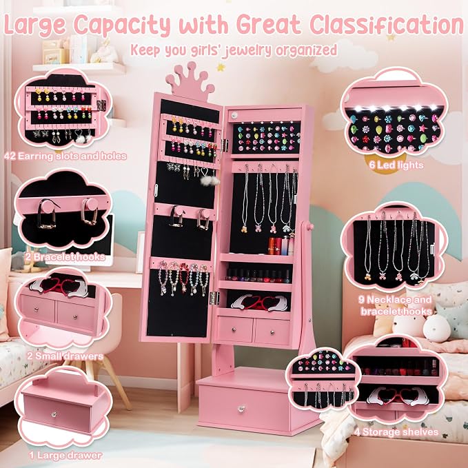 GarveeHome Kids Jewelry Armoire,Child Jewelry Cabinet with Led Light,Freestanding Jewelry Organizer with Full Length Mirror&Storage Drawers,Kids Vanity Dress Up Mirror Jewelry Cabinet for Girls(Pink)