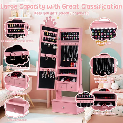 GarveeHome Kids Jewelry Armoire,Child Jewelry Cabinet with Led Light,Freestanding Jewelry Organizer with Full Length Mirror&Storage Drawers,Kids Vanity Dress Up Mirror Jewelry Cabinet for Girls(Pink)