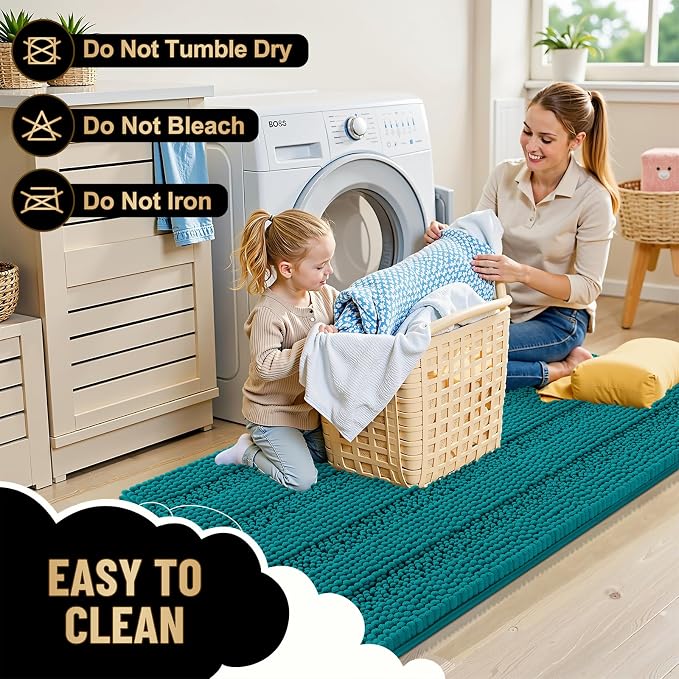 OLANLY Thick Bathroom Runner Rugs 44x24, Soft Chenille Bath Rugs, Deep Lake | Absorbent Striped, Rubber Backing, Machine Wash, Long Bath Mats for Bathroom Floor, Tub and Shower, Home Decor Accessories