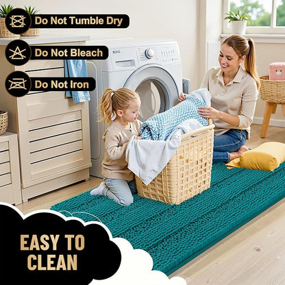 OLANLY Thick Small Bathroom Rugs 24x16, Soft Chenille Bath Rugs, Deep Lake | Rubber Backing, Machine Wash, Extra Absorbent Striped Bath Mats for Bathroom Floor, Tub and Shower, Home Decor Accessories