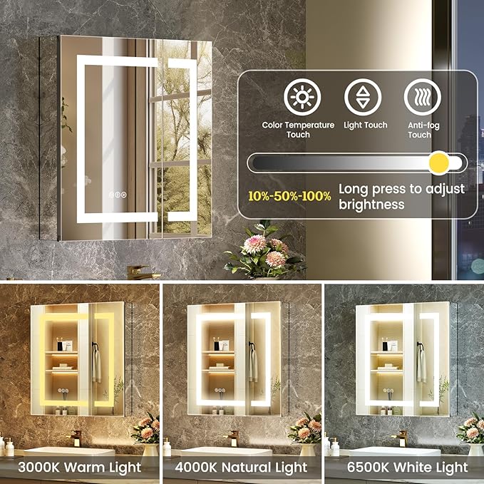 30x26 Inch Bathroom Medicine Cabinet with Mirror, Lighted Bathroom Mirror with Storage, Recessed /Surface Mount Medicine Cabinet with Socket & USB, Anti-Fog, 3 Colors Temperature, Dimmable Light