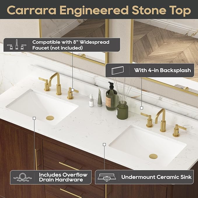 60"Bathroom Vanity with Double Sink,Ceramic Sink Vanity with Engineered Stone Countertop,Wood Frame Bathroom Storage Cabinet No Installation Required& Soft Closing Drawers, Light Walnut