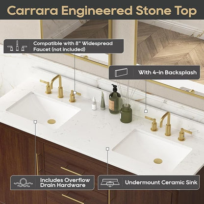 60"Bathroom Vanity with Double Sink,Ceramic Sink Vanity with Engineered Stone Countertop,Wood Frame Bathroom Storage Cabinet No Installation Required& Soft Closing Drawers, Light Walnut