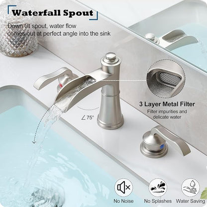 Widespread Bathroom Faucet, 4-16 Inch Brushed Nickel Waterfall Bathroom Faucets Solid Brass Sink Faucet Bathroom Vanity Faucets 3 Hole 2 Handle with Supply Water Hoses Pop-up Drain