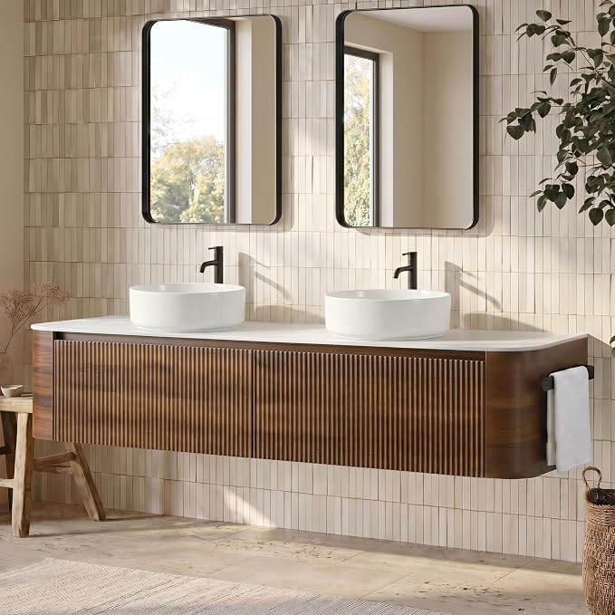 72" Floating Bathroom Vanity with Double White Vessel Sink, Walnut | Pre-Assembled Fluted Wall Mounted Vanity with Ceramic Sink, Sintered Stone Countertop, Soft-Close Drawer & Towel Rack