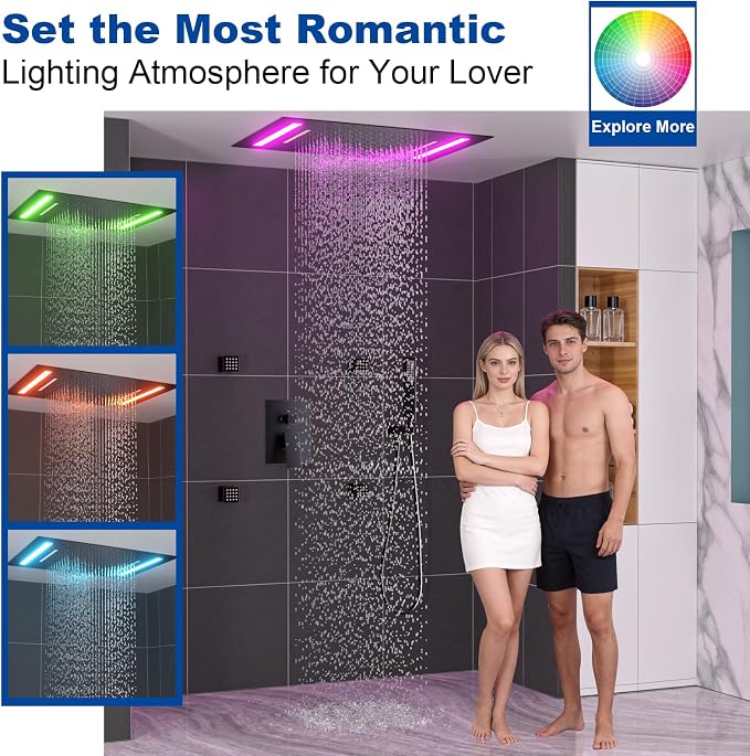 ENGA Oil Rubbed Bronze Shower System with Body Jets, 2 In 1 Functions Ceiling Mount 14x20inch LED Shower Head with 4 Body Jets, Rainfall Waterfall Shower Faucet Set