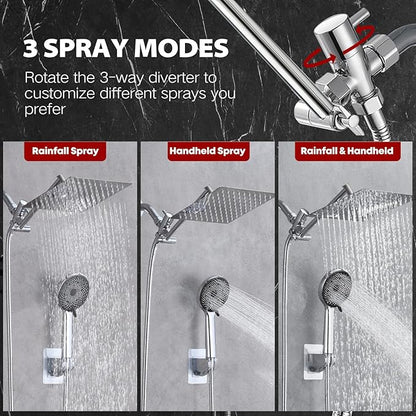 14 Inch Shower Head, Rain Shower Head with Adustable Extension Arm, Detachable Silver Rina Shower Head with Handheld Spray, High Pressure Shower Hose with Holder in Bathroom