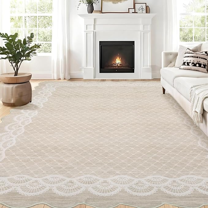 GarveeHome Washable Scalloped Rug 9x12 Area Rugs, Modern Neutral Living Room Rugs, Large Washable Farmhouse Carpet Abstract Bordered Carpet for Bedroom Apartment Table Dorm Nursery, Beige