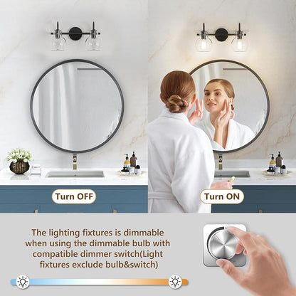 2 Lights Bathroom Vanity Light Fixtures Over Mirror, Matte Black Modern Wall Sconce with Clear Globe Glass Shades, E26 Base, Damp Rated for Bathroom Bedroom Living Room Hallway