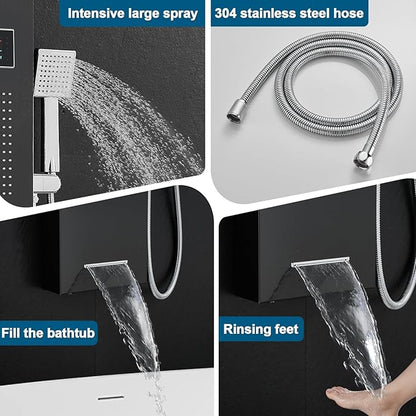 ROVOGO Led Shower Panel Tower System with Mist Rainfall Shower, Body Jets, Handheld and Tub Spout, Hydroelectric Led Lights and Temp Display No Battery Needed, Simultaneous Shower Column Black