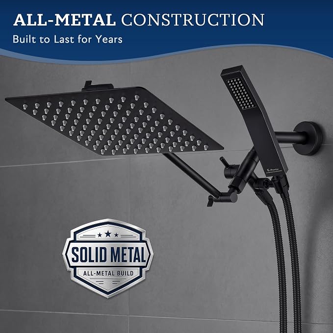 G-Promise All Metal 10" Dual Square Shower Head Combo | Rain Shower Head | Handheld Shower Wand | Adjustable | 3-Way Diverter | 71" Extra Long Hose - A Bathroom Upgrade (Matte Black) | Built to Last, Easy Install, Adjustable Height & Angle for All Heig...
