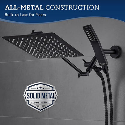 G-Promise All Metal 10" Dual Square Shower Head Combo | Rain Shower Head | Handheld Shower Wand | Adjustable | 3-Way Diverter | 71" Extra Long Hose - A Bathroom Upgrade (Matte Black) | Built to Last, Easy Install, Adjustable Height & Angle for All Heig...