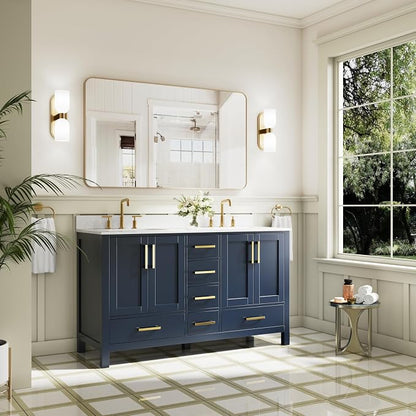 60-Inch Bathroom Vanity with Sink, Bathroom Freestanding Vanity W/ 4 Doors and 6 Drawers, Solid Wood Cabinet Vanity with Cultured Marble Countertop, Navy Blue Vanity& Brushed Gold Handles