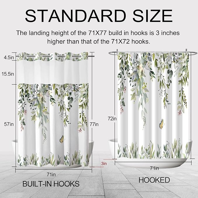 No Hook Shower Curtain and Liner Set, Sage Green Eucalyptus 71x77 | Floral Design, with Snap in Liner, Waterproof, Machine Washable, Quick-Drying, for Hotel Bathroom