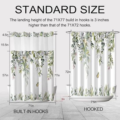 No Hook Shower Curtain and Liner Set, Sage Green Eucalyptus 71x77 | Floral Design, with Snap in Liner, Waterproof, Machine Washable, Quick-Drying, for Hotel Bathroom