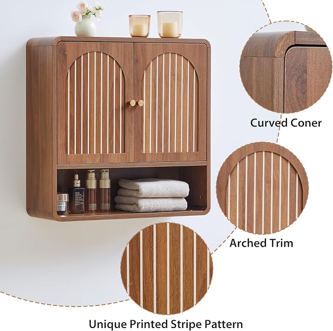 Wall Mounted Storage Cabinet Wood Medicine Cabinet, Over Toilet Organizers | Walnut Over Toilet Storage, Mid-Century Bathroom Wall Cabinet with Adjustable Shelf & Door for Bathroom Laundry Room Kitchen