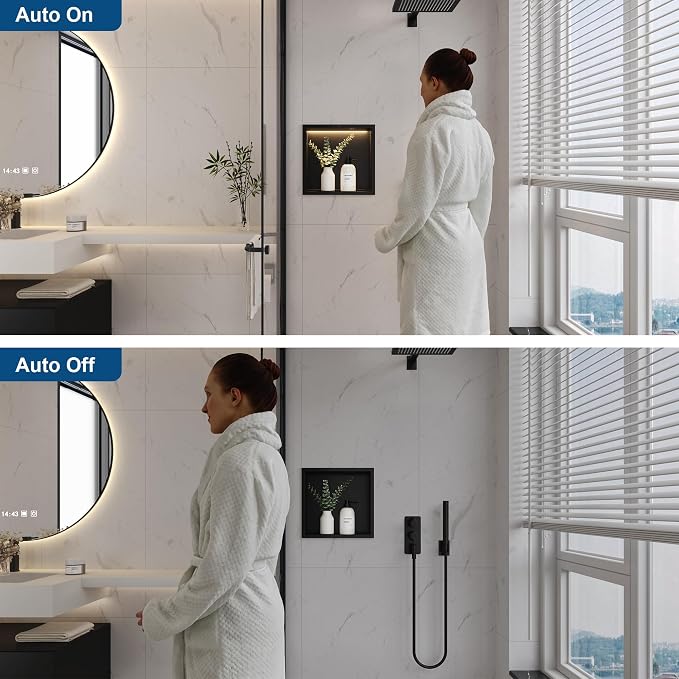 Smart Body Sensor Shower Niche, Black 12"x12" | Recessed Wall Niche with White 3000K LED Light , Waterproof &Rustproof, 304 Stainless Steel Bathroom Cabinet