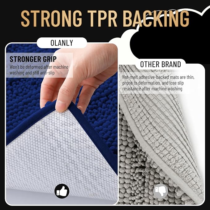 OLANLY Thick Bathroom Rugs 30x20, Soft Chenille Striped Bath Rugs, Navy | Rubber Backing, Machine Wash, Extra Absorbent Bath Mats for Bathroom Floor, Tub and Shower, Home Decor Accessories