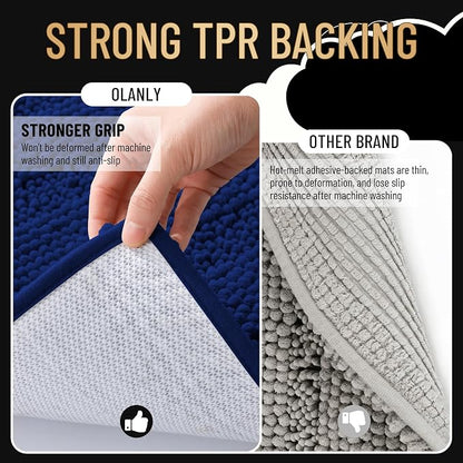 OLANLY Thick Bathroom Rugs 30x20, Soft Chenille Striped Bath Rugs, Navy | Rubber Backing, Machine Wash, Extra Absorbent Bath Mats for Bathroom Floor, Tub and Shower, Home Decor Accessories