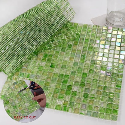 5.75 Sq.Ft Iridescent Green Glass Mosaic Tile for Bathroom, Backsplash | Waterproof Wall & Floor Tile. Heat & frost resistant outdoors, Swimming Pool, Fireplace, Restaurants, Hotels, Laundry, 10pcs.