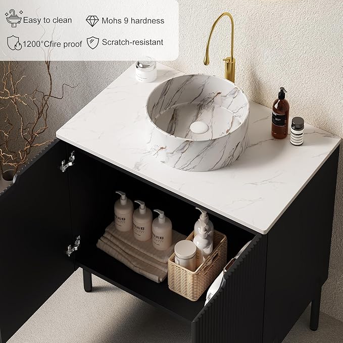30" Bathroom Vanity with Sink, Modern Bathroom Vanities with Durable Marble Ceramic Basin and Sintered Stone Countertop, Soft Closing Doors, Freestanding Bathroom Cabinet, Black