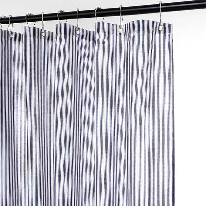 Stripe Cotton Toile Shower Curtain Ticking Stripe Woven Print Curtain Bathroom Decor for Traditional and Contemporary Style Kitchen Bath Home(Navy Blue and White,72 x 72 Inches)