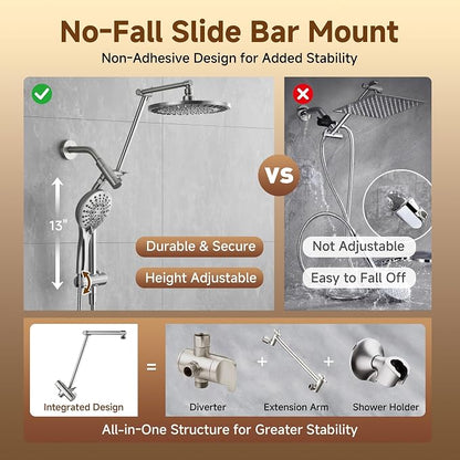 BRIGHT SHOWERS Rain Shower Head with Handheld Spray, High Pressure Dual Shower Head, Adjustable Extension Arm & Slide Bar, 9 Spray Modes Built-in Power Wash, 3-Way Diverter, 69" Hose, Brushed Nickel