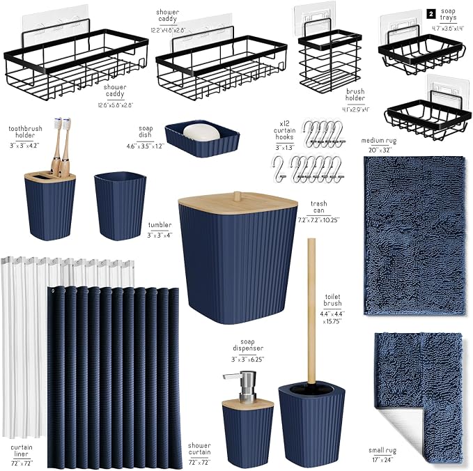 Clara Clark Bathroom Accessories Set - 27PC Bathroom Set with Adhesive Corner Shower Caddy Hanging, Bathroom Sets with Shower Curtain and Rugs, Navy Blue Shower Curtain Set with Bathroom Trash Can | 27 Piece Navy Blue Bathroom Sets with Shower Curtain ...