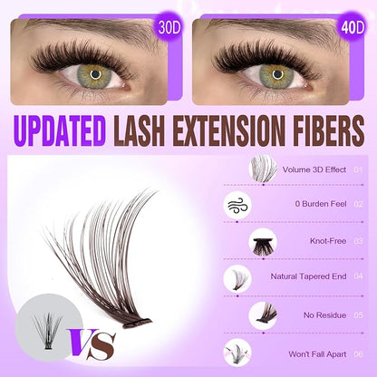 Lash Extension Kit DIY 280pcs Brown Lash Clusters Eyelash Extension Kit 30D 40D 9-16mm Individual Lashes Kit with Lash Bond and Seal Lash Tweezers for Self Use (Brown 30D 40D, 9-16mm, Kit)
