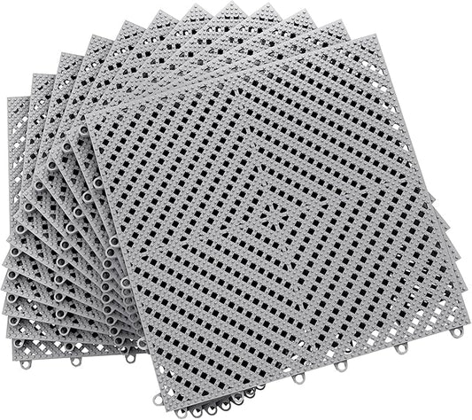 12-Pcs Interlocking Tile, Indoor/Outdoor Drainage Interlocking Floor Tiles 11.8" x 11.8", Anti-Slip Waterproof Soft PVC Splicing Flooring Tile for Garage Patio Pool Bathroom, Grey