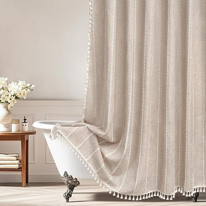 Seenus Boho Farmhouse Shower Curtain Heavyweight with Tassels, 72 x 84 Inch Extra Long Taupe Linen Textured Fabric Shower Curtain for Bathroom, Tan and White Striped Bath Décor Curtain Water Repellent