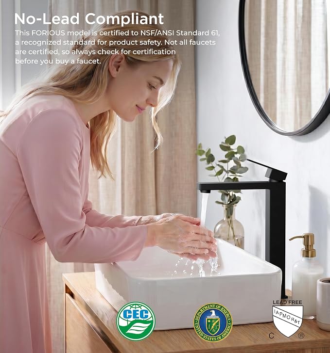 FORIOUS Vessel Sink Faucet Single Hole, Matte Black Tall Bathroom Faucets | For 1 or 3 Hole 4 Inch Centerset Sink, with Pop-up Drain, NSF61 Certificate, Single Handle Faucet for Sink Vanity RV Restroom