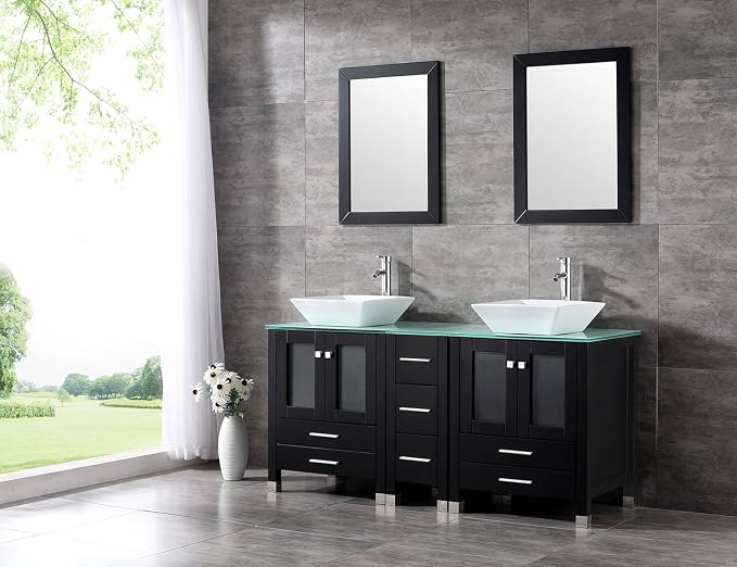 Black 60 Inch Bathroom Double Vanity Cabinet w/Mirror Top Glass and Countertop Double Ceramic Vessel Sink Combo