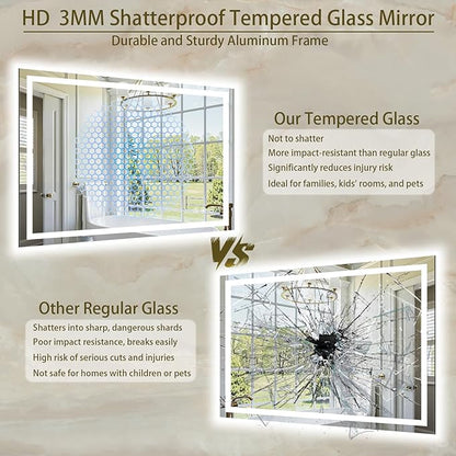 36"x55" LED Bathroom Mirror with Lights, Anti-Fog, Backlit+Frontlit | CRI 95, Stepless Dimmable, 3 Colors Lighting, Shatterproof Tempered Glass, HD Reflection, Memory, (Horizontal/Vertical)