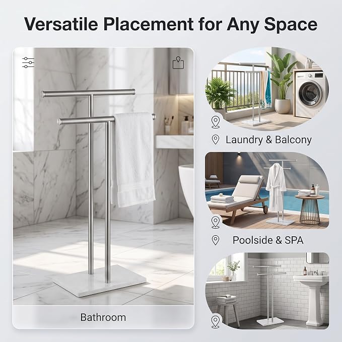 Double T Free Standing Towel Rack, Telescoping Marble Towel Stand | Expandable dual T-bar towel holder for bathroom with heavy marble base, adjustable height rustproof floor stand for pool