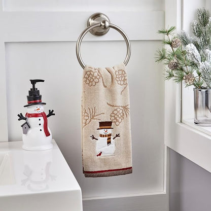 SKL Home Woodcut Snowman Hand Towel | 100% Cotton. Soft & absorbent pinecone jacquard with embroidery. Great for the bathroom, kitchen or bar & holiday gifting.