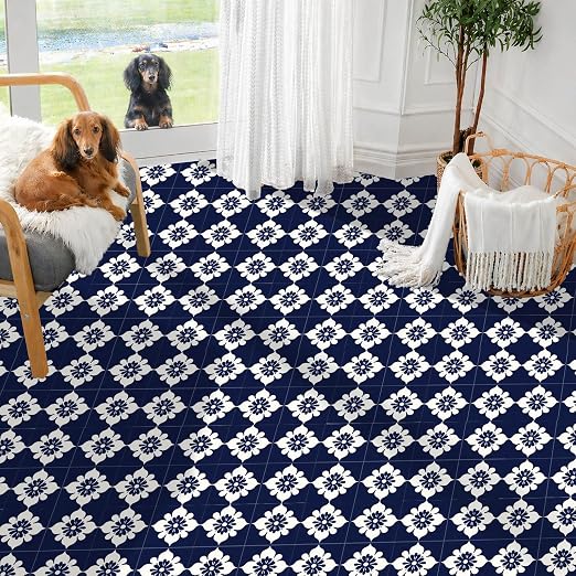 Navy Floral Peel and Stick Floor Tiles 12x12 Inch 10PCS | Navy blue and white floral tile pattern vinyl floor stickers for kitchen bathroom entryway and indoor home decor