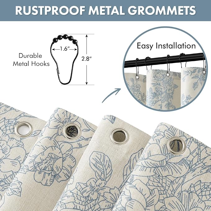 Extra Long Linen Blue Floral Shower Curtain W72*L90 Inches | Linen Textured Fabric, 12 Rustproof Metal Hooks, Wrinkle Resistant Cloth, Machine Washable, Bathroom Decor for Cottage Core