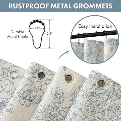 Linen Blue Floral Toile Shower Curtain W72*L72 Inches Long | Linen Textured Fabric, 12 Rustproof Metal Hooks, Wrinkle Resistant Cloth, Machine Washable, Bathroom Decor for Cottage Core