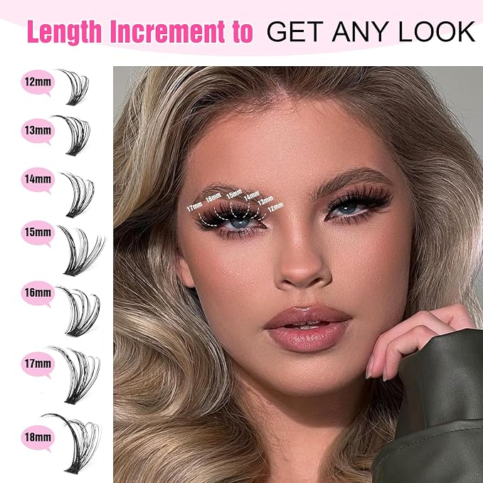 Lash Extension Kit DIY 40D 12-18mm Individual Lashes Clusters Kit 280pcs Cluster Eyelash Extensions Kit with Lash Bond and Seal, Tweezers for Self Application (Long 40D, 12-18mm, Kit)
