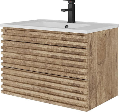 LUCKWIND 30" Floating Bathroom Vanity with Sink, Mid-Century Wall Mounted Big Drawer Cabinet with Large Sink, Water Saving Faucet and Wood Stripes Style, Oak