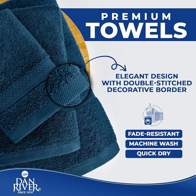 DAN RIVER 8 Piece Luxury Bath Towels for Bathroom, Towel Set, Blue Opal | 2 Bath towels, 2 Hand towels, and 4 Wash Cloths, 600 GSM 100% Ring Spun Cotton, Highly Absorbent, Gym, Hotel, guest, and Spa