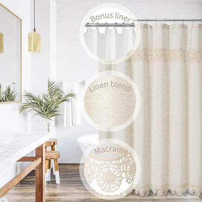 Linen Boho Lace Shower Curtain Liner Set 72x78 | Long Farmhouse Shower Curtain with Macrame Decor, Cotton Bohemian French Country Bath Curtain , Beige/Cream